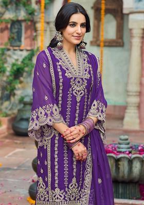 Purple Embroidered Organza Kurta Set