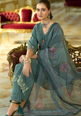 Blue Embroidered Cotton Kurta Set