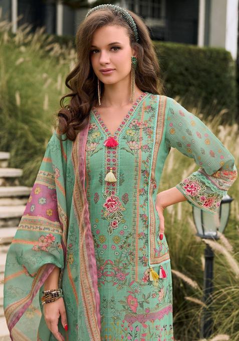Sea Green Printed Linen Kurta Set — view on Indya