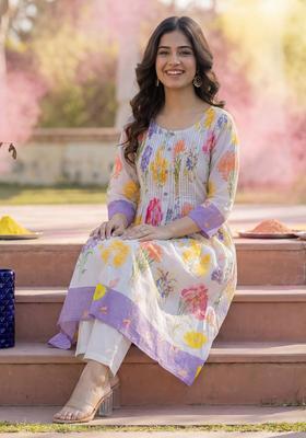 Off White Printed Cotton Kurta Set