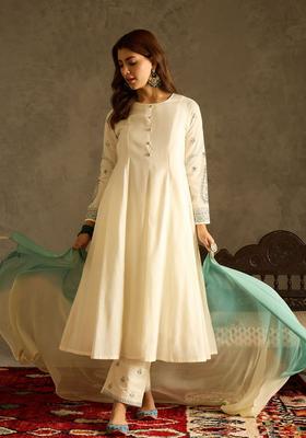 Off White Solid Silk Anarkali Set