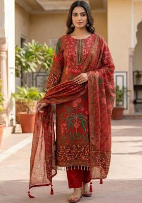 Red Printed Silk Kurta Set