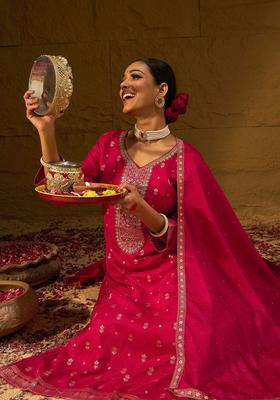 Magenta Embroidered Silk Kurta Set