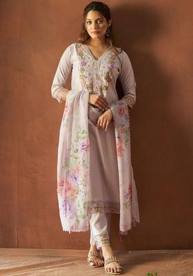 Grey Embroidered Silk Kurta Set