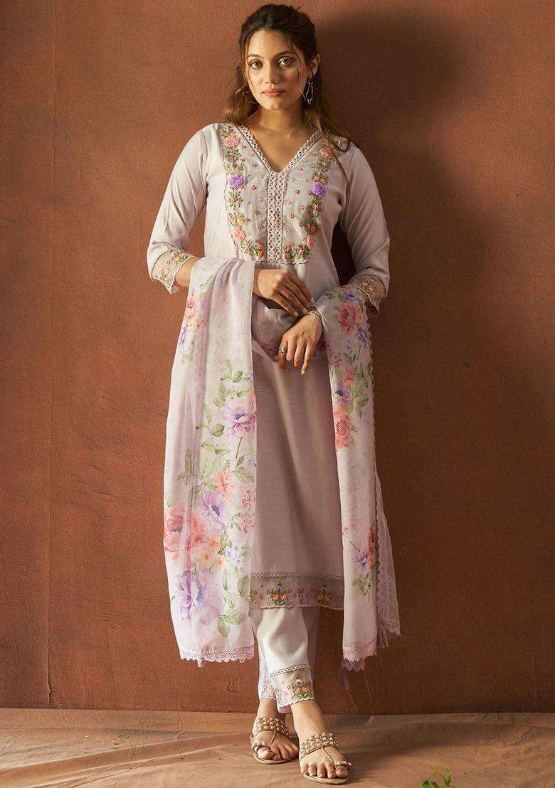 Grey Embroidered Silk Blend Kurta Set - Indya