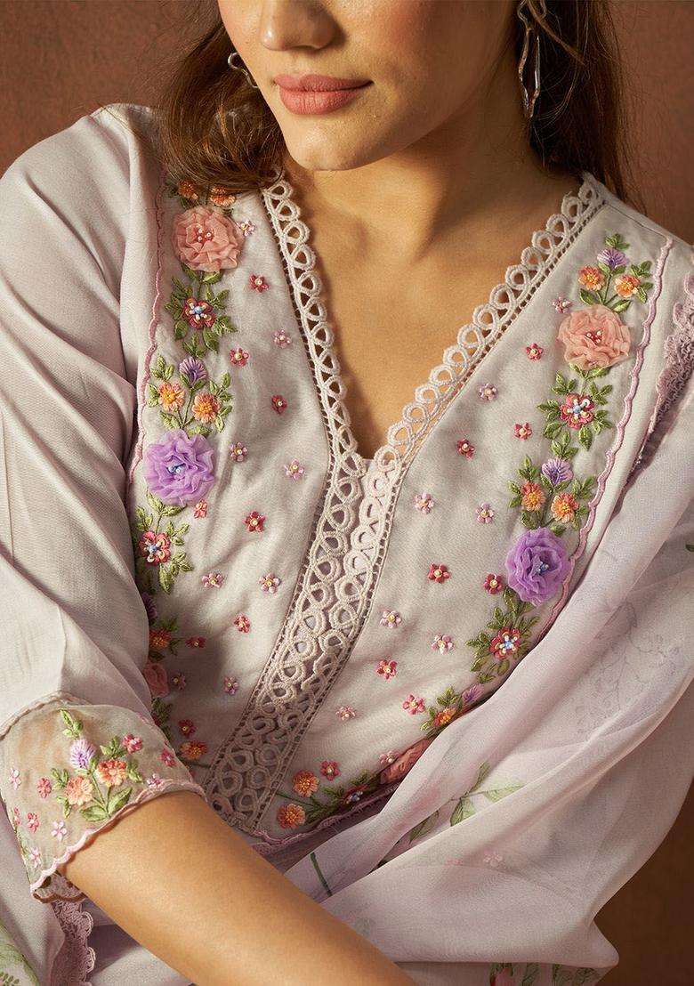 Grey Embroidered Silk Blend Kurta Set - Indya