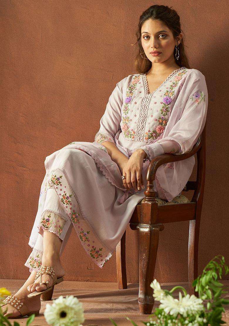 Grey Embroidered Silk Blend Kurta Set - Indya