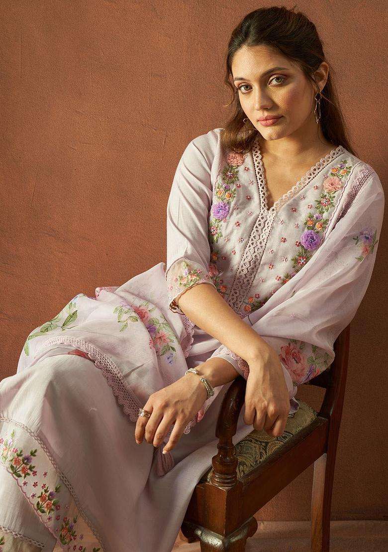 Grey Embroidered Silk Blend Kurta Set - Indya