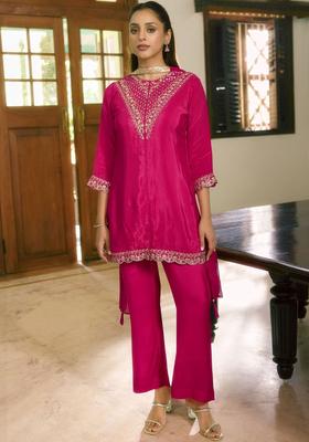 Fuchsia Embroidered Silk Kurta Set