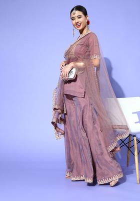 Brown Embroidered Cotton Kurta Set