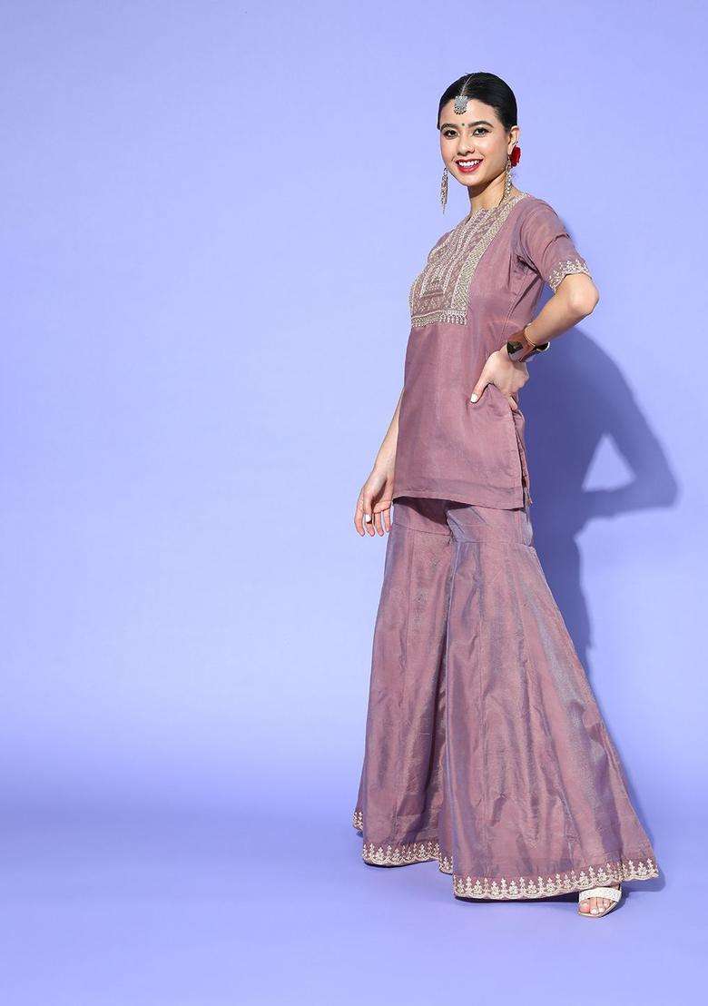 Brown Embroidered Cotton Kurta Set - Indya