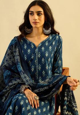 Teal Printed Cotton Kurta Set