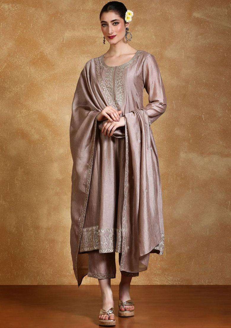Taupe Embroidered Silk Blend Kurta Set - Indya