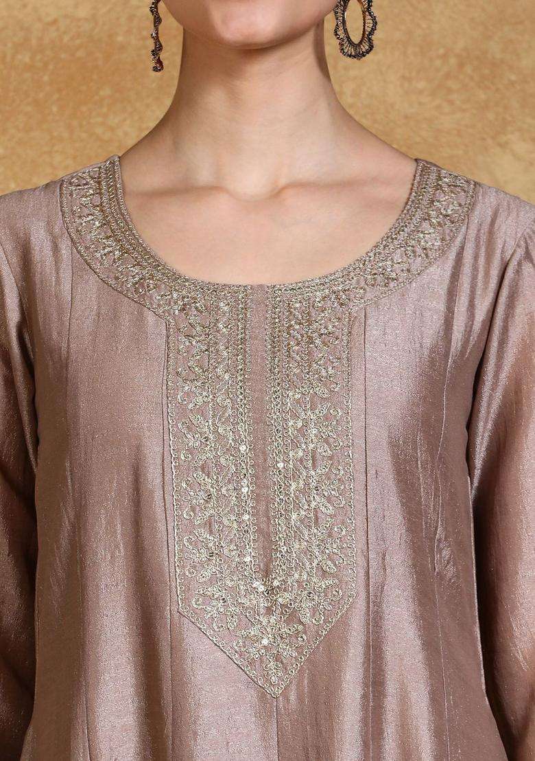 Taupe Embroidered Silk Blend Kurta Set - Indya