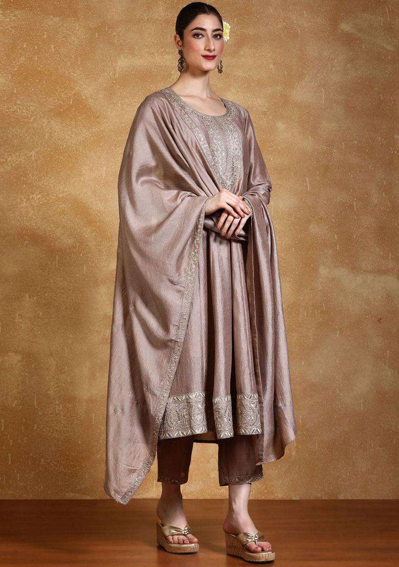 Taupe Embroidered Silk Blend Kurta Set - Indya