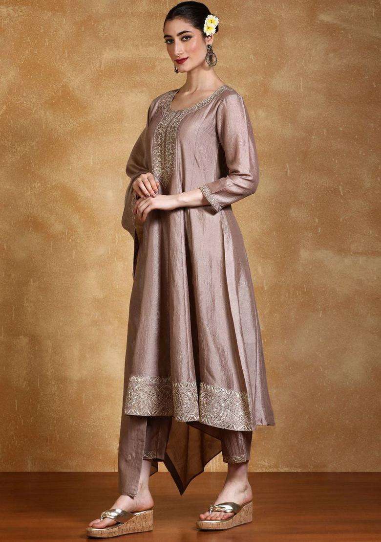 Taupe Embroidered Silk Blend Kurta Set - Indya