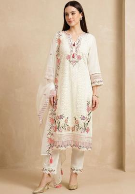 Off White Embroidered Silk Blend Kurta Set