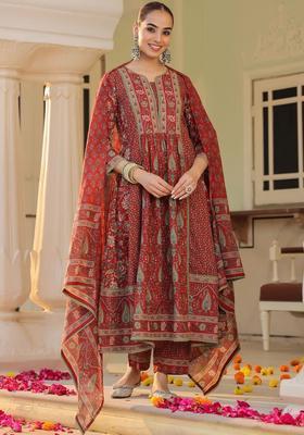 Maroon Printed Cotton Kurta Set