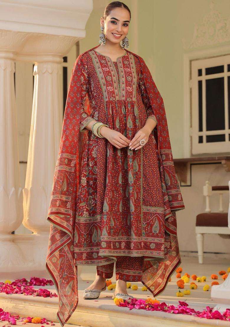 Maroon Printed Cotton Kurta Set - Indya