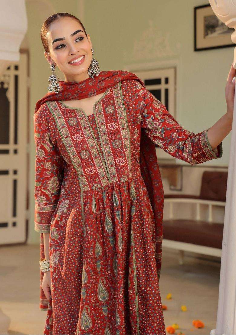 Maroon Printed Cotton Kurta Set - Indya