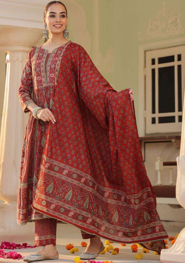 Maroon Printed Cotton Kurta Set - Indya
