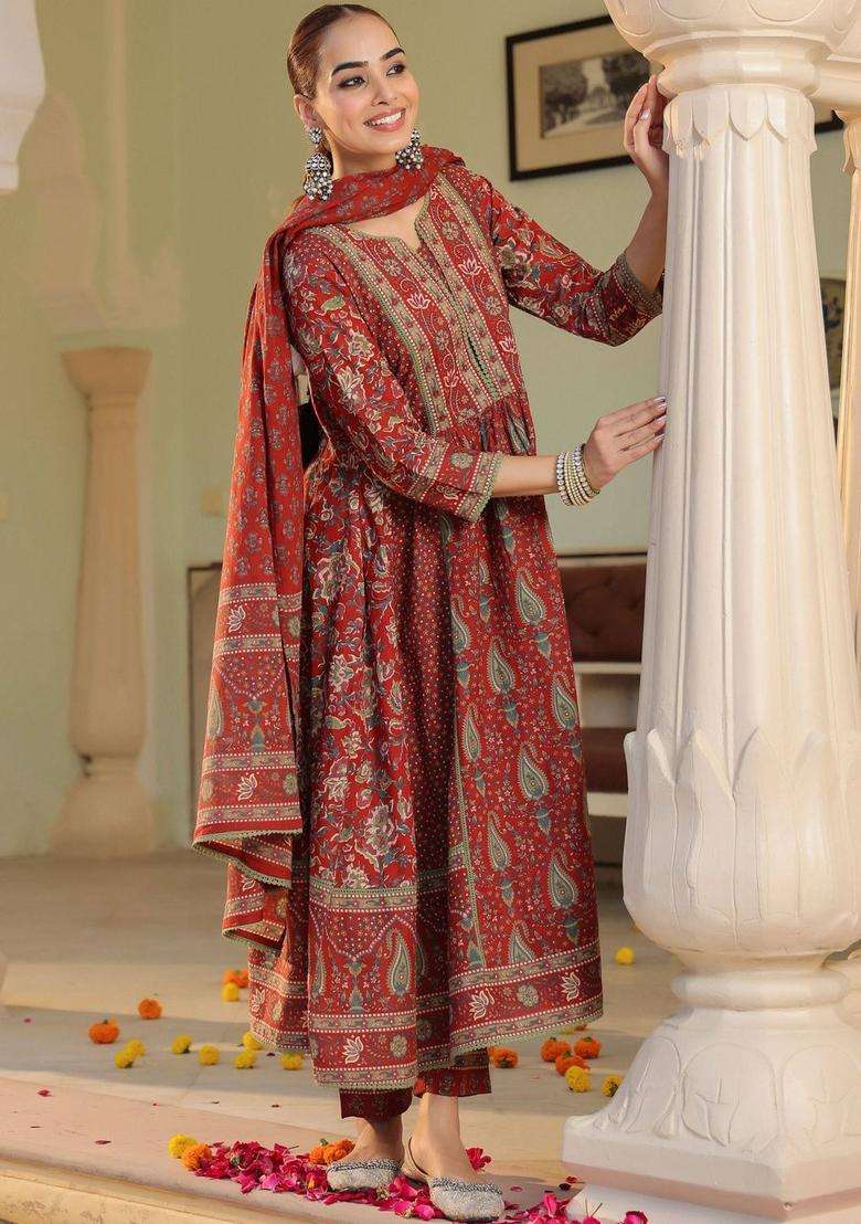 Maroon Printed Cotton Kurta Set - Indya