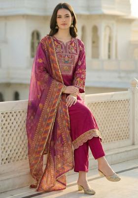 Magenta Embroidered Silk Kurta Set