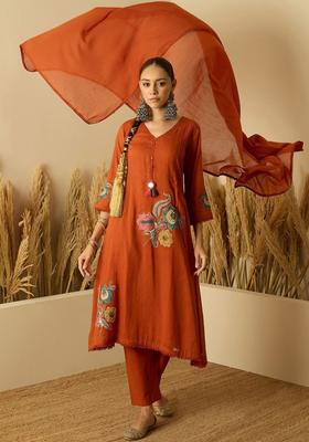 Rust Embroidered Cotton Kurta Set
