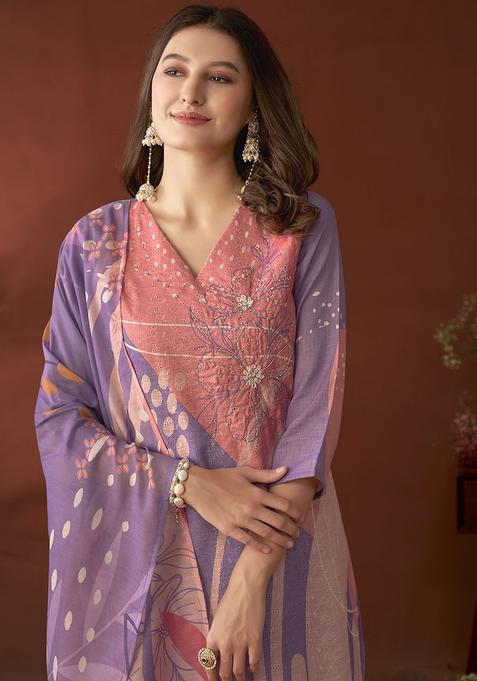 Lavender Embroidered Linen Kurta Set — view on Indya