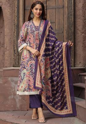 Purple Printed Cotton Kurta Set
