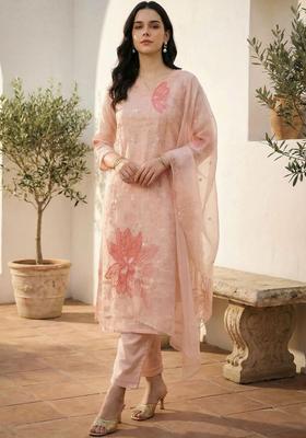 Peach Embroidered Organza Kurta Set