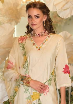 Off White Embroidered Silk Blend Kurta Set