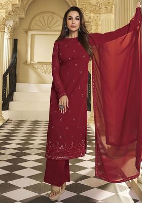 Red Embroidered Georgette Kurta Set