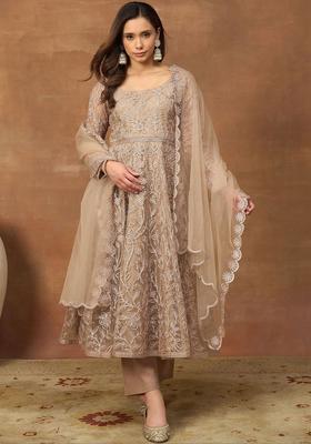 Beige Embroidered Net Kurta Set