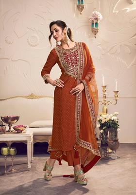 Rust Embroidered Silk Kurta Set