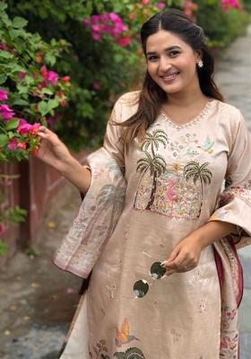 Beige Printed Silk Blend Kurta Set