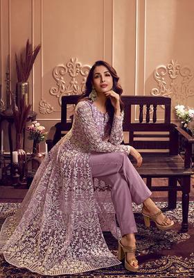 Lavender Embroidered Net Kurta Set