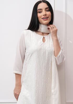 Off White Embroidered Polyester Kurta Set