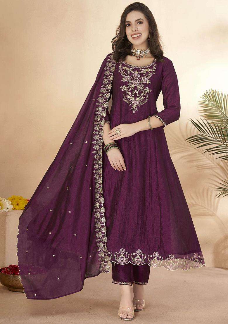 Pink Embroidered Silk Blend Anarkali Set - Indya