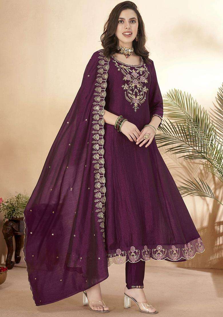 Pink Embroidered Silk Blend Anarkali Set - Indya
