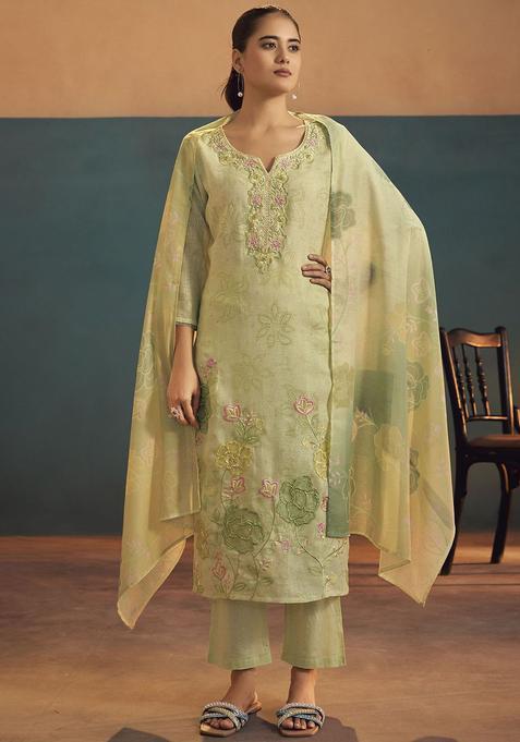Lime Green Embroidered Linen Kurta Set — view on Indya