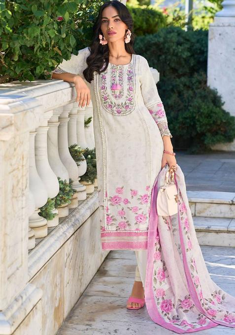 White Embroidered Linen Kurta Set — view on Indya