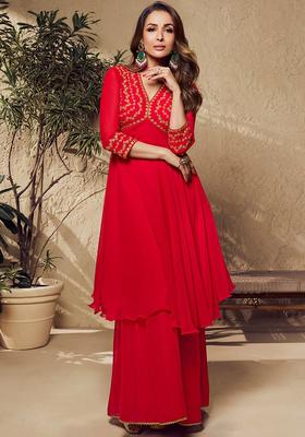 Red Yoke Design Georgette Sharara Set