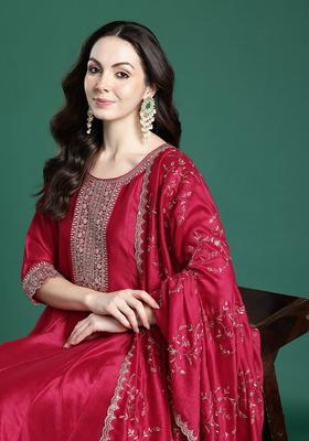 Magenta Embroidered Silk Kurta Set
