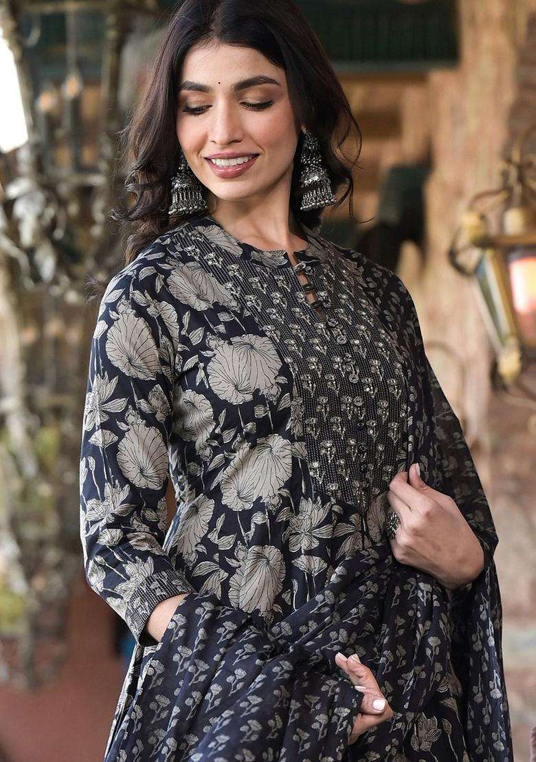 Black Printed Cotton Anarkali Set - Indya