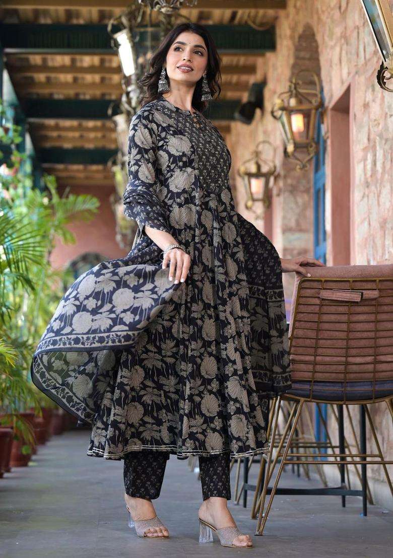 Black Printed Cotton Anarkali Set - Indya