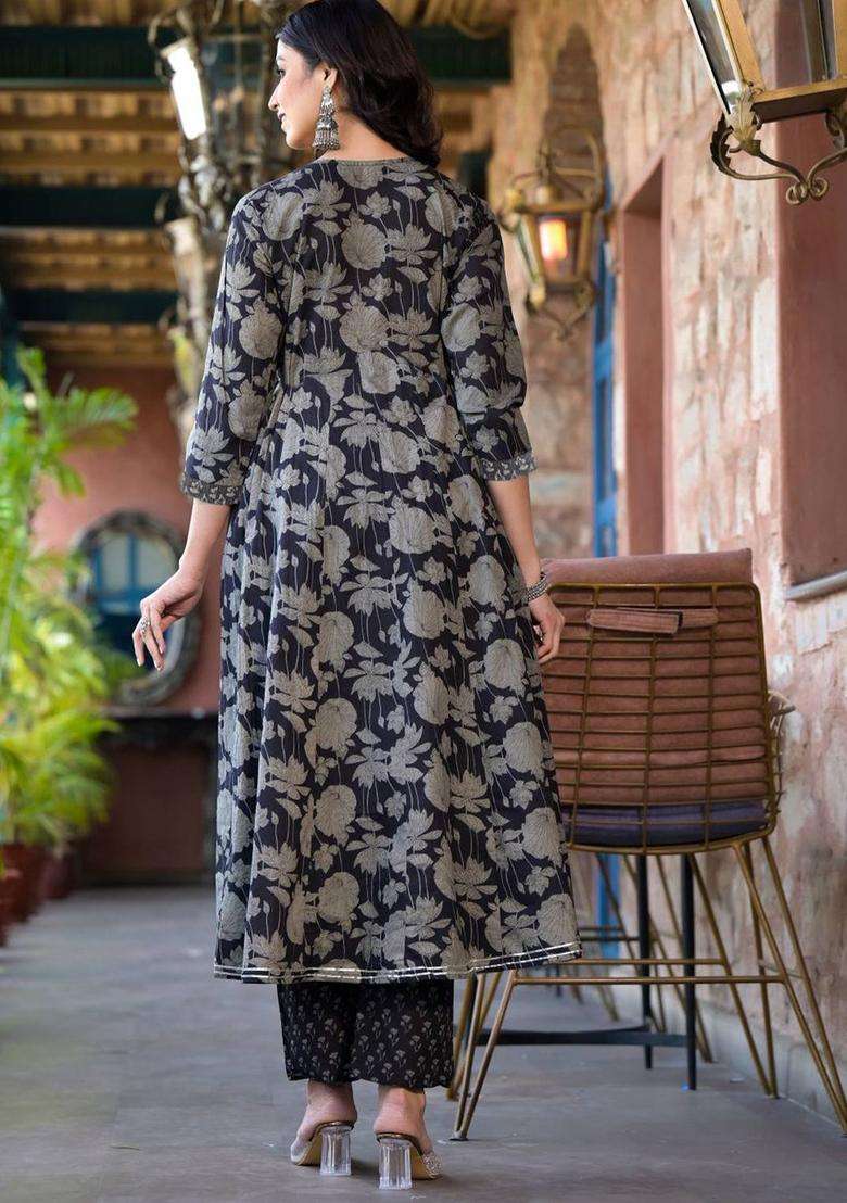 Black Printed Cotton Anarkali Set - Indya