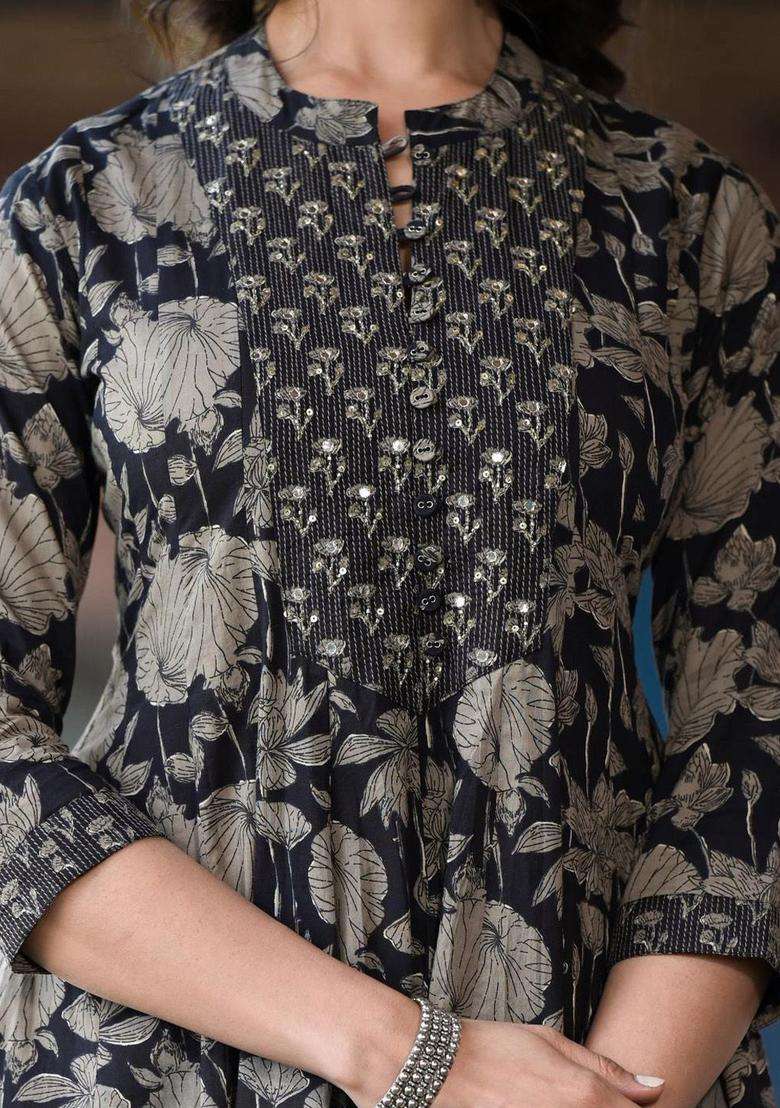 Black Printed Cotton Anarkali Set - Indya
