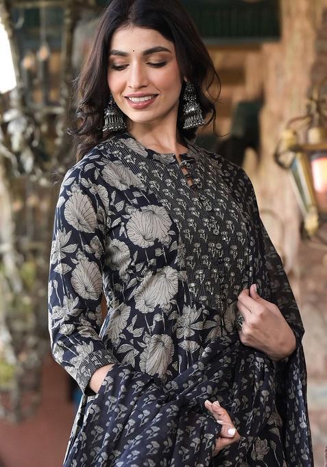 Black Printed Cotton Anarkali Set — view on Indya