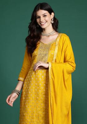Yellow Woven Design Silk Blend Kurta Set